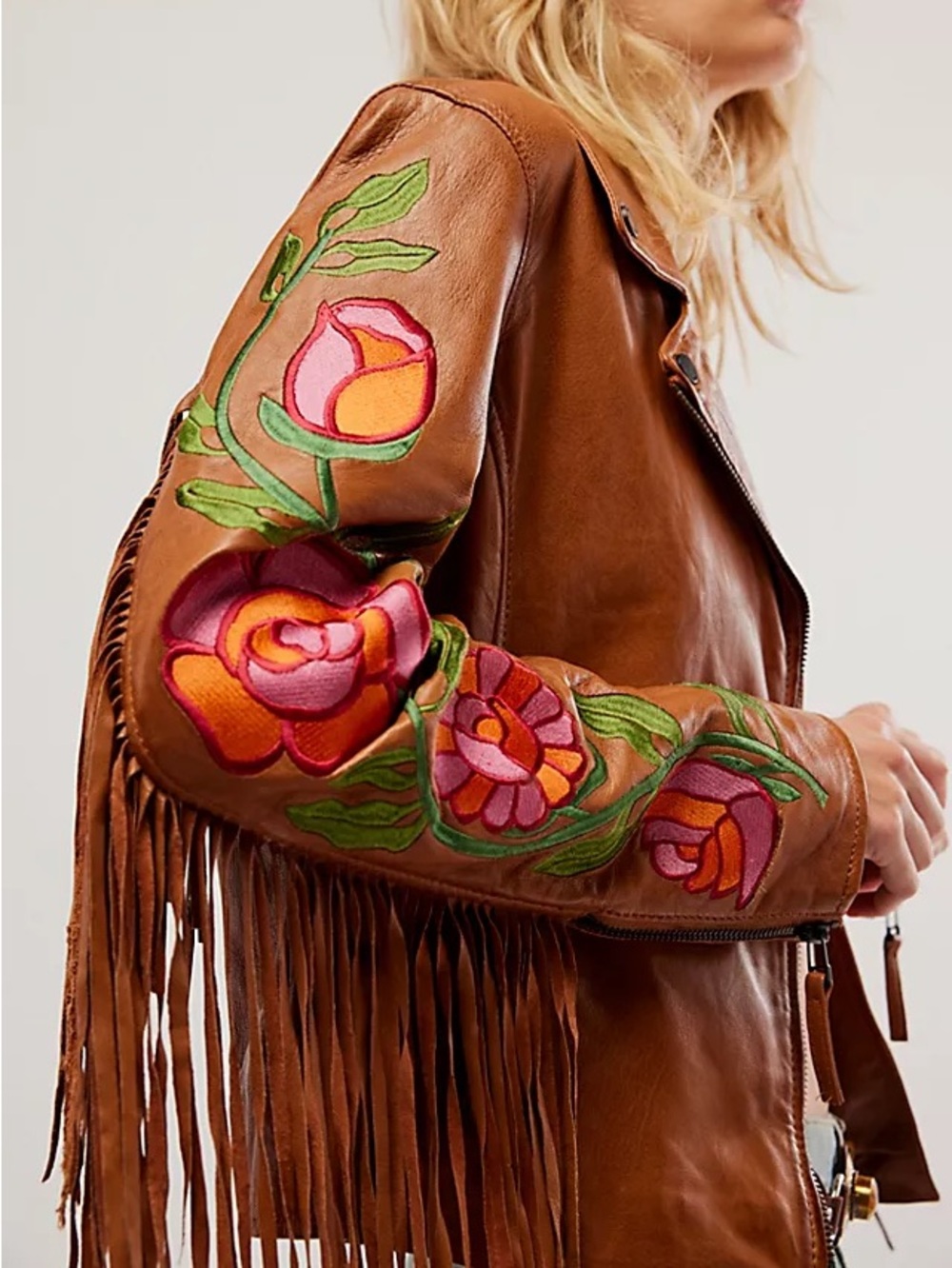 Free people x MAURITUS Crissy brown leather fringe jacket floral Size L - Picture 2 of 11
